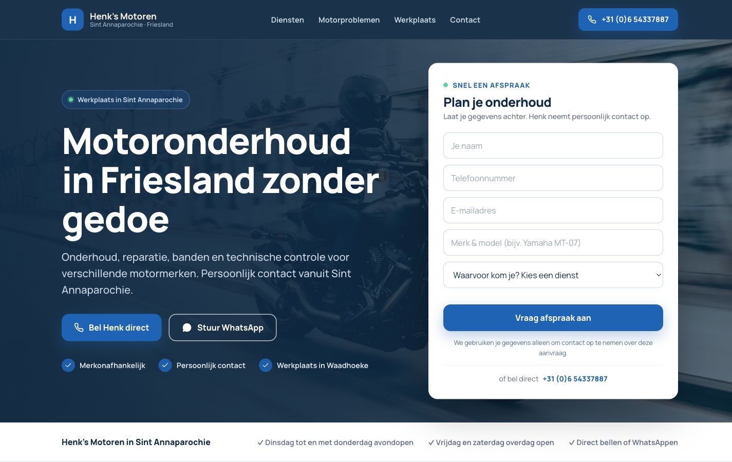Homepage van Henk’s Motoren met een formulier om onderhoud te plannen