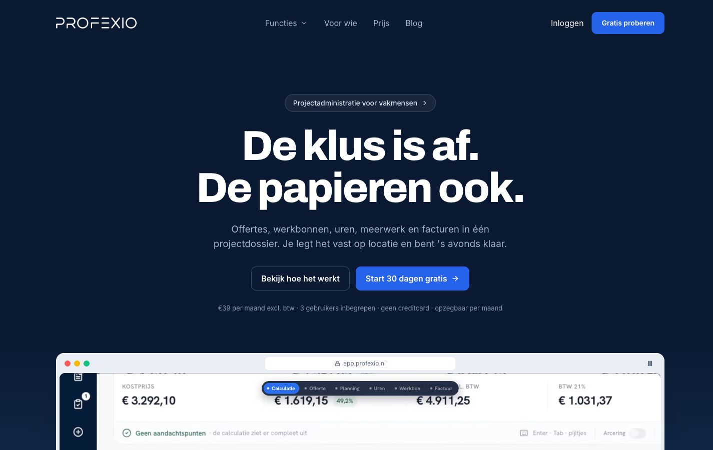 Homepage van Profexio: “De klus is af. De papieren ook.”