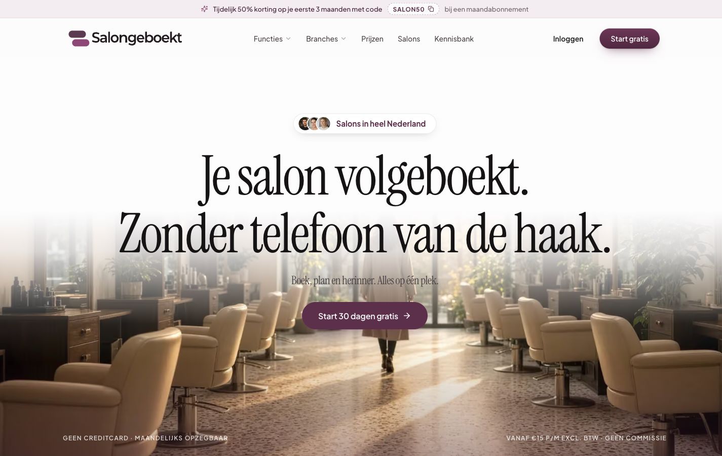 Homepage van Salongeboekt: “Je salon volgeboekt. Zonder telefoon van de haak.”